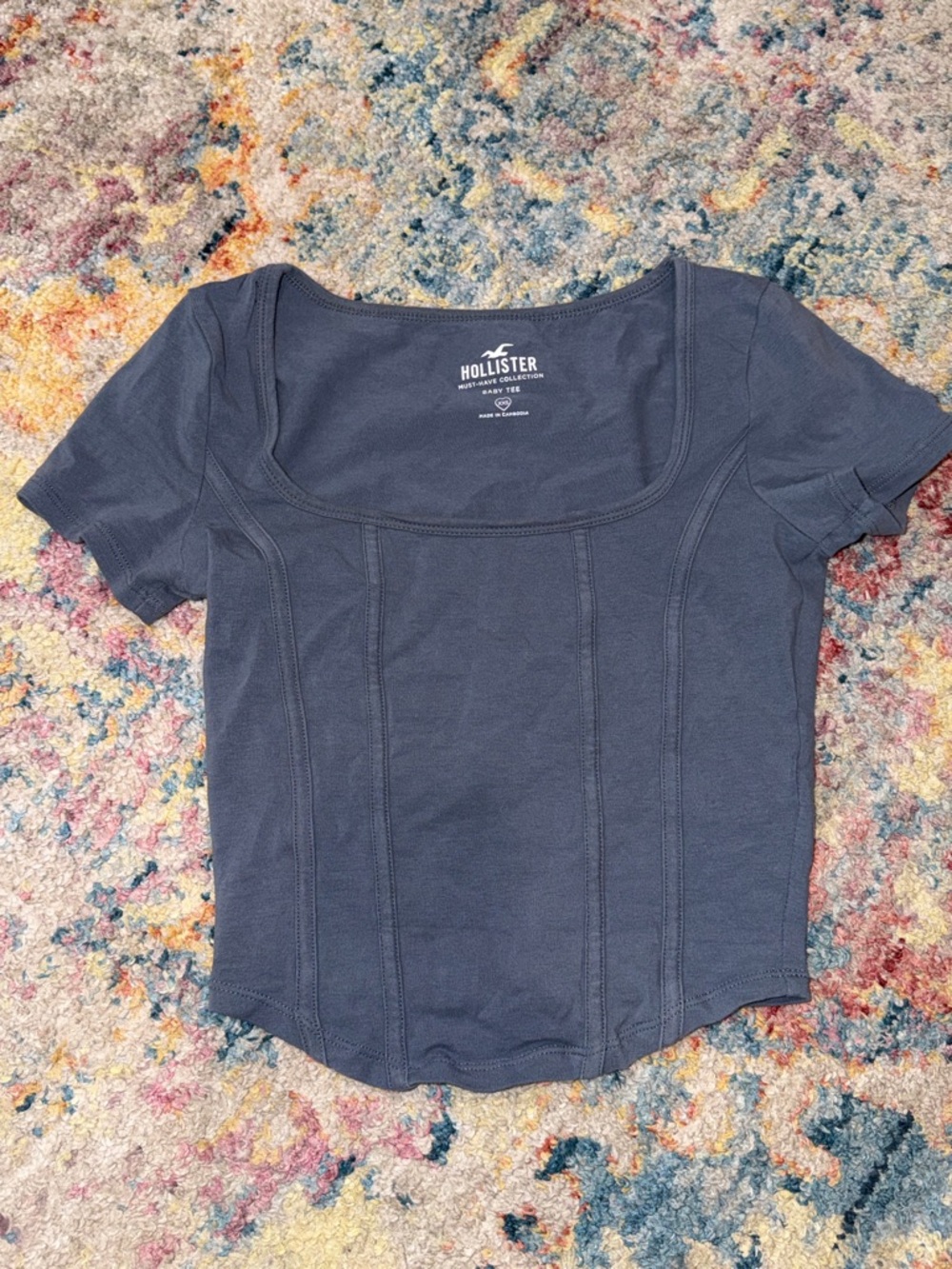 Hollister Navy Scoop Neck Short Sleeve Top with Seamed Detailing
